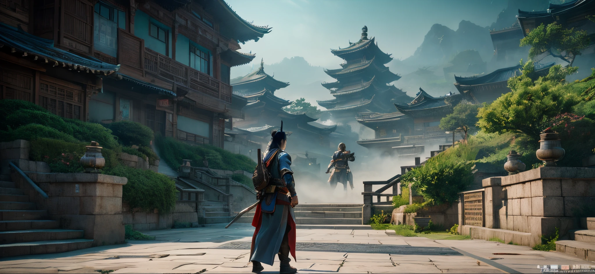 ghost of tsushima, There is an ancient road in the background, Paintings of waterfalls and buildings, concept art inspired by Feng Zhu, Art Station Contest Winners, concept-art, Chinese martial arts, League of Legends concept art, inspired by noami, square enix cinematic art, highly detailed vfx, HD 4K, Guanshan, akihiko yoshida. unreal-engine
