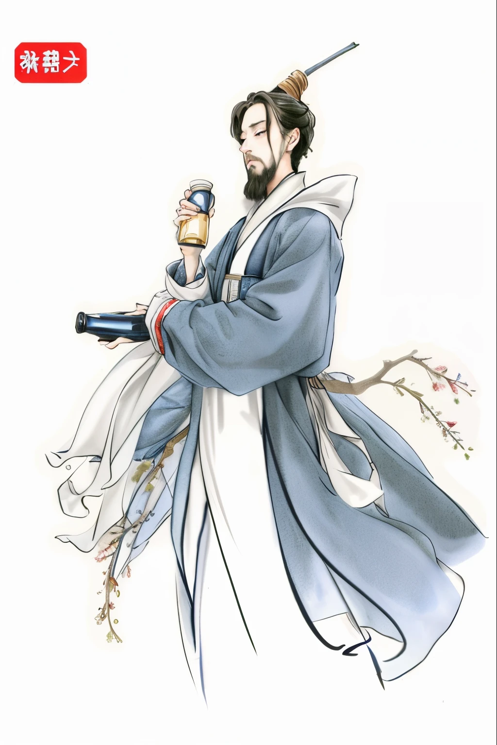 A picture of a man in a blue robe holding a wine bottle, drunkenness,inspired by Wu Daozi, inspired by Zhao Yuan, Inspired by Cao Zhibai, Inspired by Fu Baoshi, Wearing ancient Chinese clothes, zhang daqian, inspired by Zhang Wo, Inspired by Zhao Mengfu, inspired by Guan Daosheng, Inspired by Zhang Shunzi