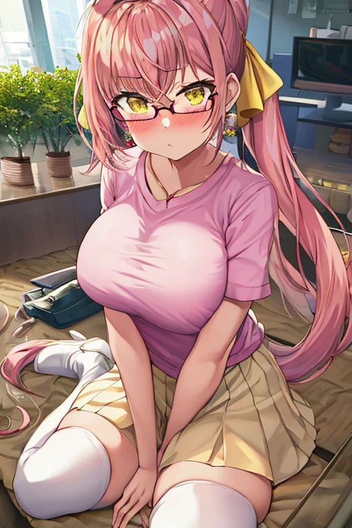 Full body girl, big breasts, yellow eyes, glasses, wearing a light pink t-shirt, a white skirt, white thighhighs, boots, shy, earrings, hair ribbon, long hair, side ponytail, pink hair, full-face blush, tsundere, embarrassed, pout, best quality