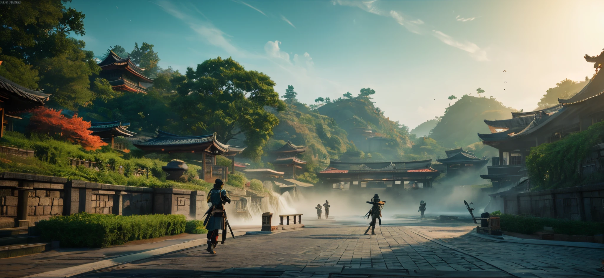 ghost of tsushima, There is an ancient road in the background, Paintings of waterfalls and buildings, concept art inspired by Feng Zhu, Art Station Contest Winners, concept-art, Chinese martial arts, League of Legends concept art, inspired by noami, square enix cinematic art, highly detailed vfx, HD 4K, Guanshan, akihiko yoshida. unreal-engine