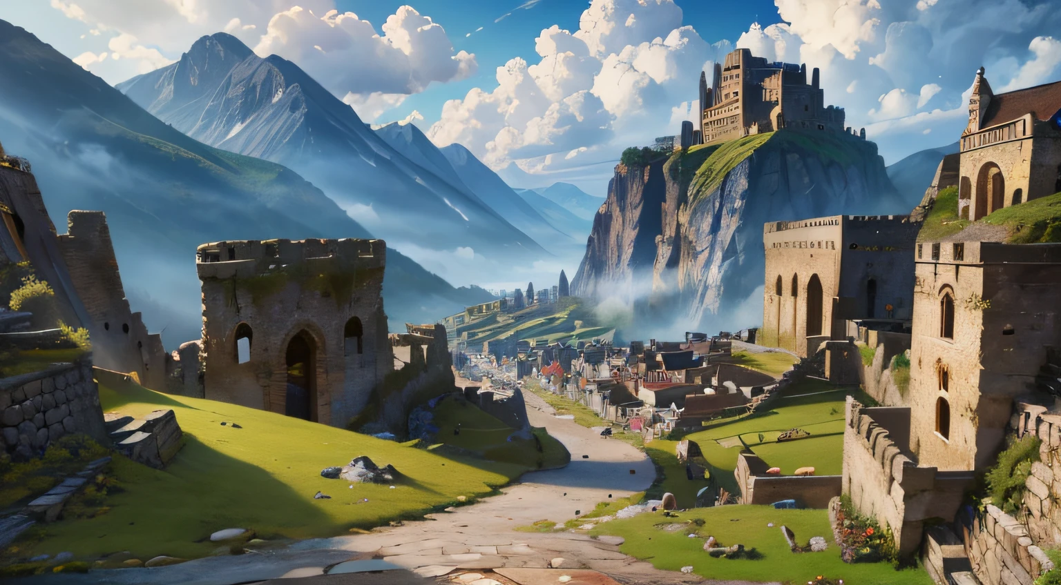 dwarf city surrounded by high walls, (best quality,4k,8k,highres,masterpiece:1.2),ultra-detailed, numerous stone buildings, tunnels carved into the mountain, cobblestone streets, bustling marketplace, vibrant colors, ancient ruins, ethereal clouds hanging above, medieval fantasy landscape