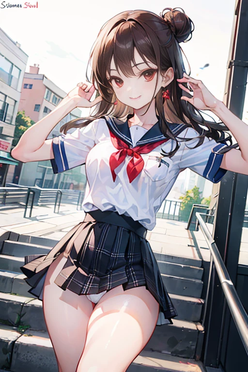 Realistic and detailed image of a girl in a school uniform with pleated plaid mini skirt. She has long wavy brown hair in a side bun. Red eyes. She has earrings, long eyelashes. she has small breasts, slim waist, very wide hips and thick thighs, smile, dynamic pose, fighting, outdoor, high kick, white underwear