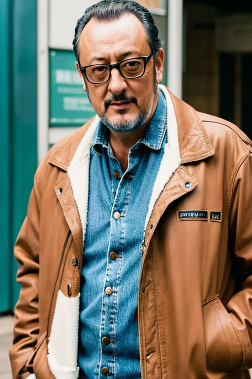 Jean Reno wearing a drizzler jacket and holding the Browning High Power