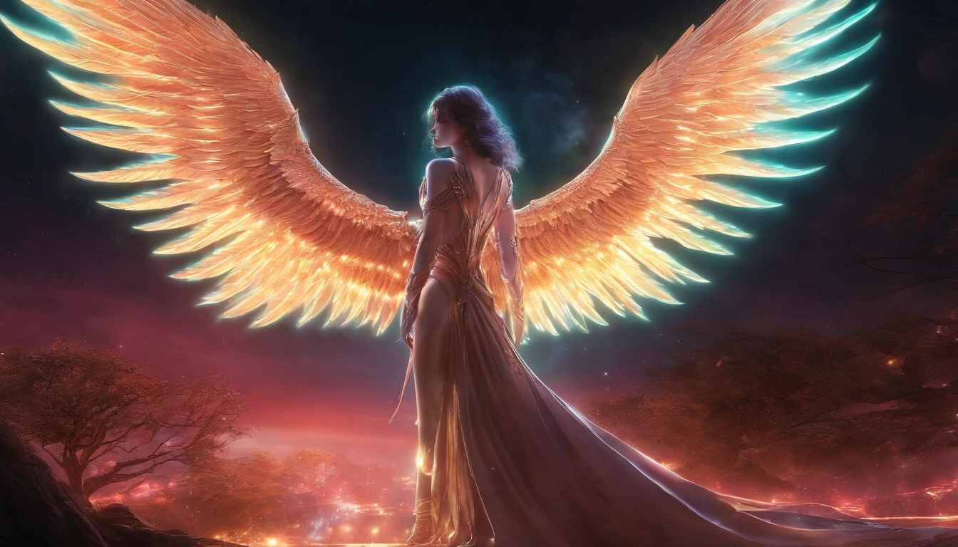 (1980s anime), Cosmic female Fallen Angel, glowing light eyes, Biomechanical, eerie, Majestic, nightmarish, Very bright colors, Light particles, with light glowing, Mshiff, wallpaper art, UHD wallpaper