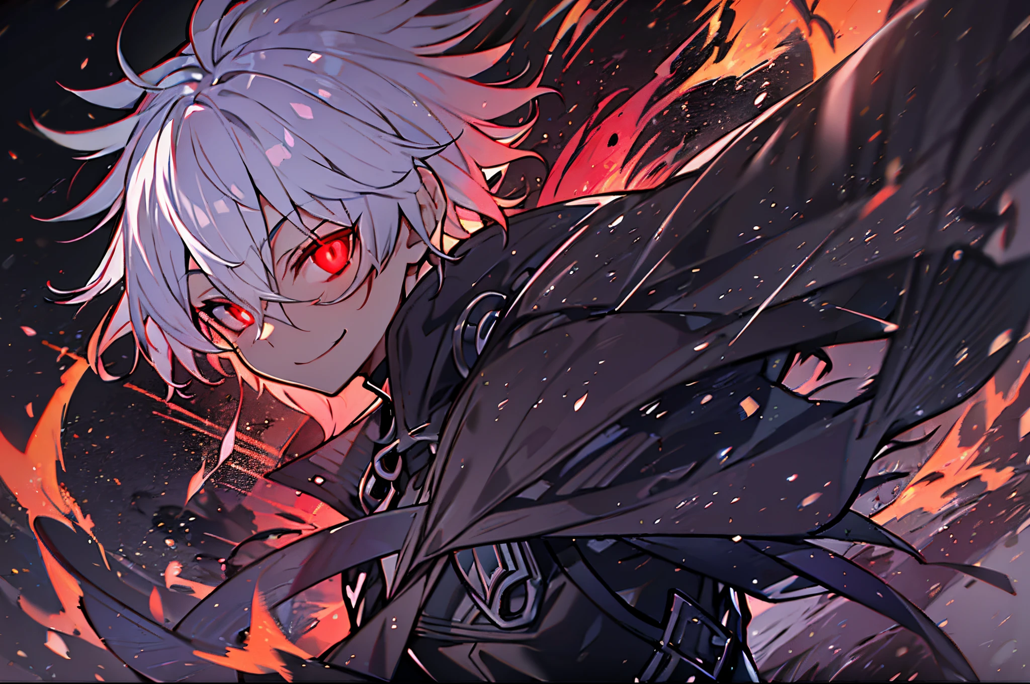hight resolution,close range、Anime boy with white hair and red eyes staring at camera, Glowing red eyes,slim, dressed in a black outfit,Shadow Body,de pele branca,monochromes,hair messy,Aggressive smile、Diagonal angle、Vortex of flames