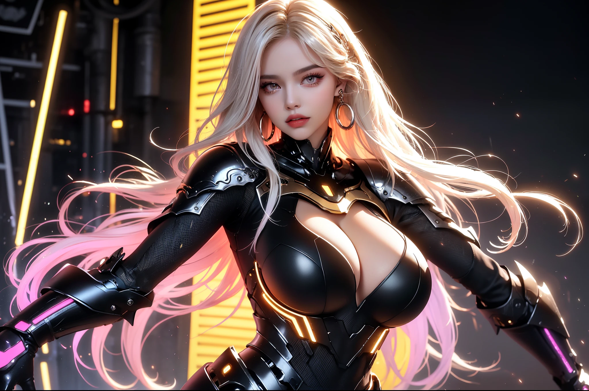 (masterpiece), best quality, expressive eyes, perfect face, beautiful details face, beautiful round eyes, full body, A beautiful mature woman in cyber armour suit shows her Extremely busty and attractive breasts, (arrogant face), (platinum red hair), (curtained hair, streaked hair, expressive hair, shiny hair, glowing hair, multicolored hair, gradient hair, colored inner hair, straight hair, very long hair), fair skin, (beautiful detailed full bodysuit:1.3), (full body cyber armour), glowing and shining armour, silver and orange cyber armour, (Edge lights:1.3), (silver and orange colour scheme:1.3), neon light on armor, beautiful details eyes, (purple eyes:1.3), (glowing eyes:1.2), (Gigantic saggy breasts:1.5), tight breasts, thick body, (well accentuated curves), pink lips, (silver nails), mascara, Long eyelashes, eyeliners, (Extremely wide well defined hips:1.3), (beautiful massive thick thighs:1.3), slender figure, (Extremely detailed skin texture:1.2), beautiful detailed realistic muscle definition, golden lights that shimmer, high detailed eyes, ultra-high quality model, proportionate, intense colouration fantasy, (background fantasy cyber city), orange and gold tetradic colours, random poses, earrings, (1girl), solo, cowboy shot , from below ,shine