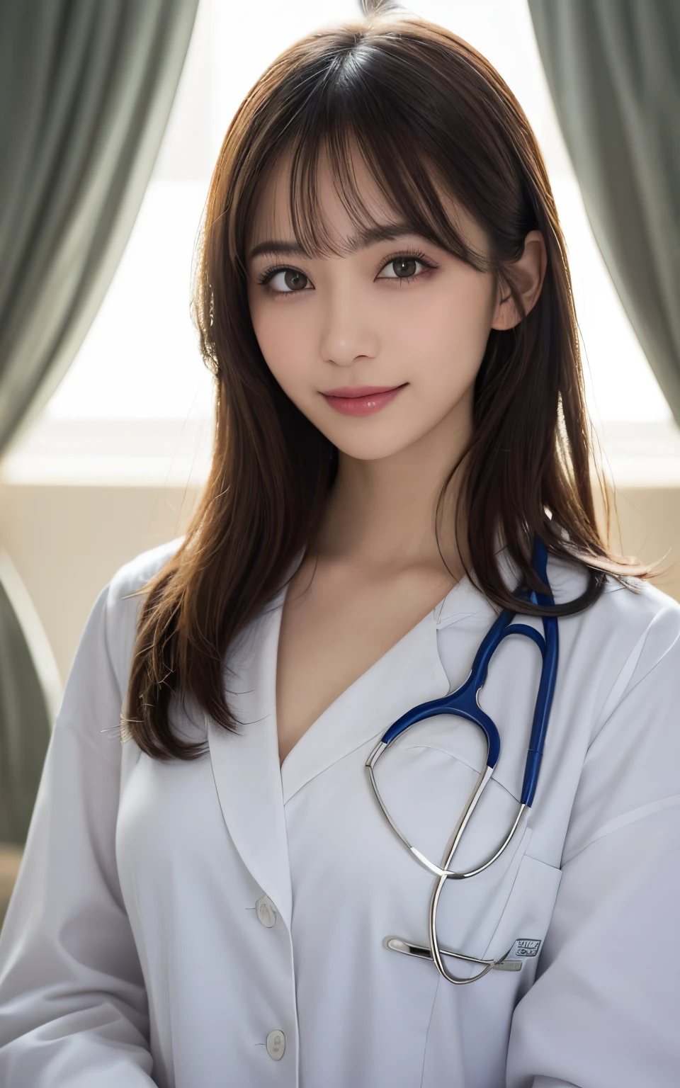 masutepiece, Best Quality, Illustration, Ultra-detailed, finely detail, hight resolution, 8K Wallpaper, Perfect dynamic composition, Beautiful detailed eyes, Doctor's attire,Bob Hair, mid-chest, Natural Color Lip, Random and sexy poses,Smile,20 years girl、Colossal tits、Examination room、stethoscope