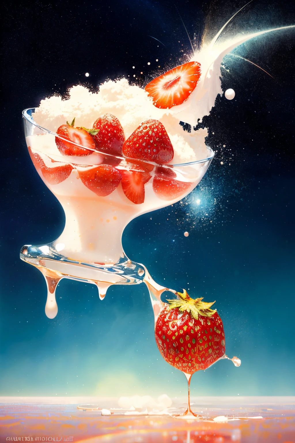 (Magical Photo:1.3) of (Realistic:1.3),(Energetic:1.3) product photography of a strawberries falling into a glass of milk, splash, intricate, epic,(by Artist RHADS:1.3),Highly Detailed,(Provia:1.3)