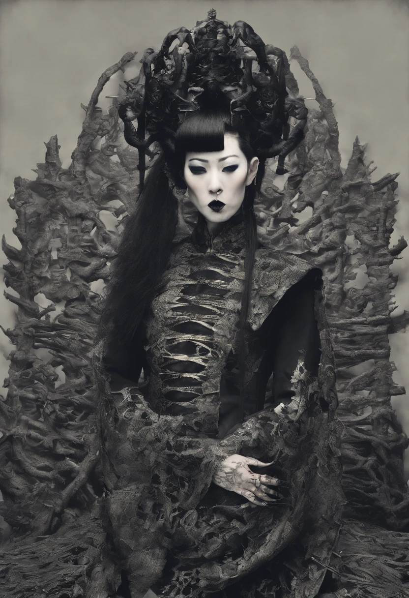 traditional japanese emp eldritch horror geisha Anthropomorphic savage geshia skinhead, hairgoth, emo goth spikey fashion shoot editorial style, Hypebeast ultra fast fashion gang signs with goth emo accessories slithery slimey long snake tongue tongue out