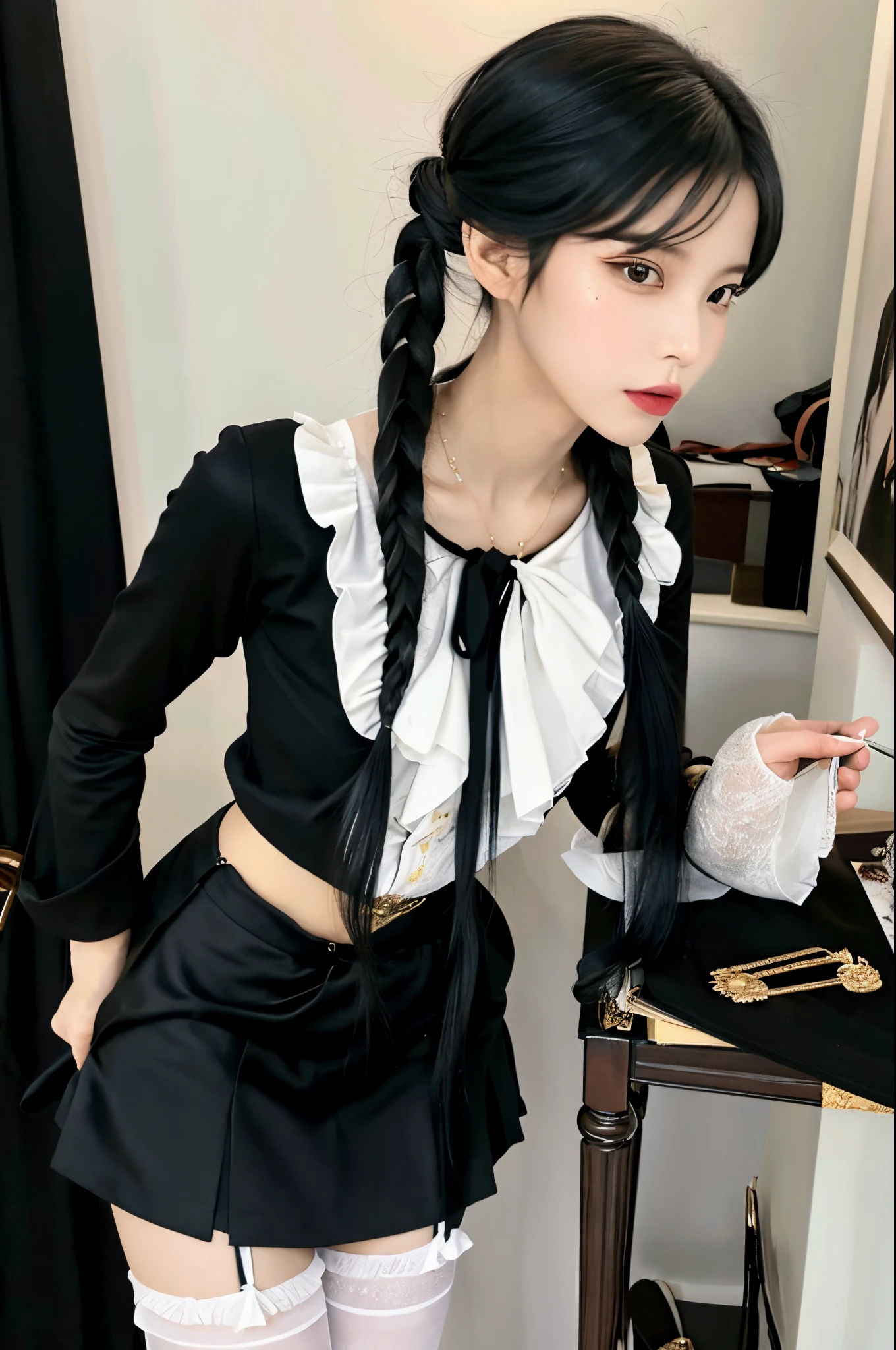 The finest details,Works of masters,Best quality,exquisite paintings,photore,1 rapariga,adolable,black hair color hair,Double ponytail hairstyle,Beautiful exquisite eyes,black gorgeous clothes,Beautiful outfit,Black silk knee socks,Small man's waist,short skirt,(JK service),White and tender skin,(indifferent expression)