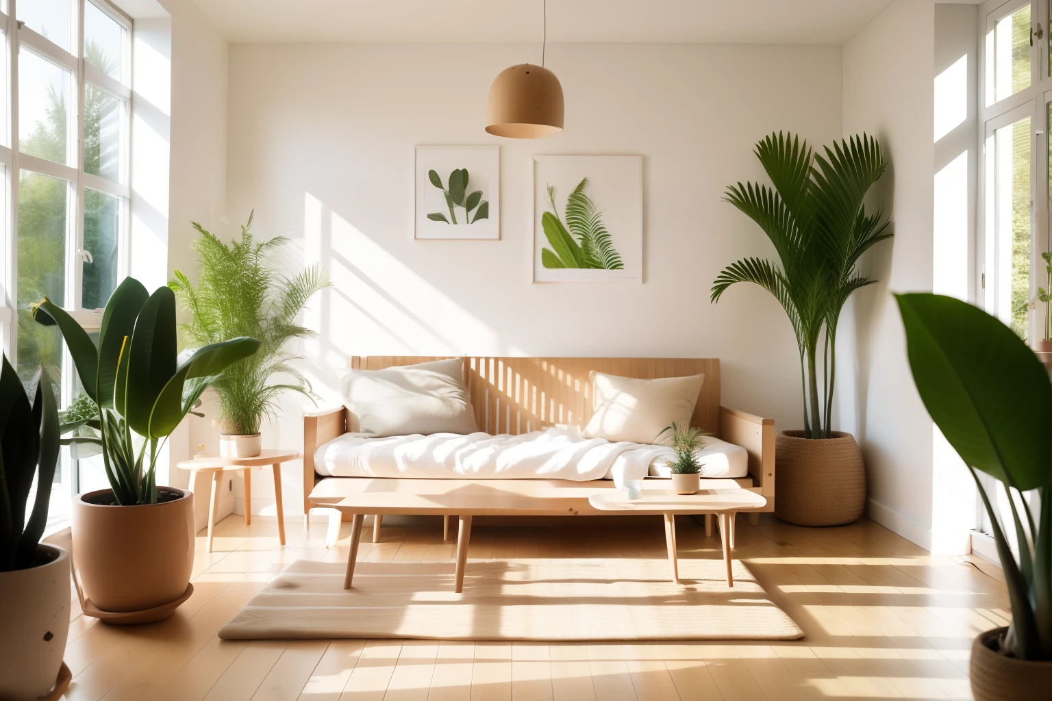 sn,no humans,scenery,plant,window,tree,couch,pillow,table,indoors,wooden floor,potted plant,sunlight,bed,day,painting \(object\),cushion,shadow,white,