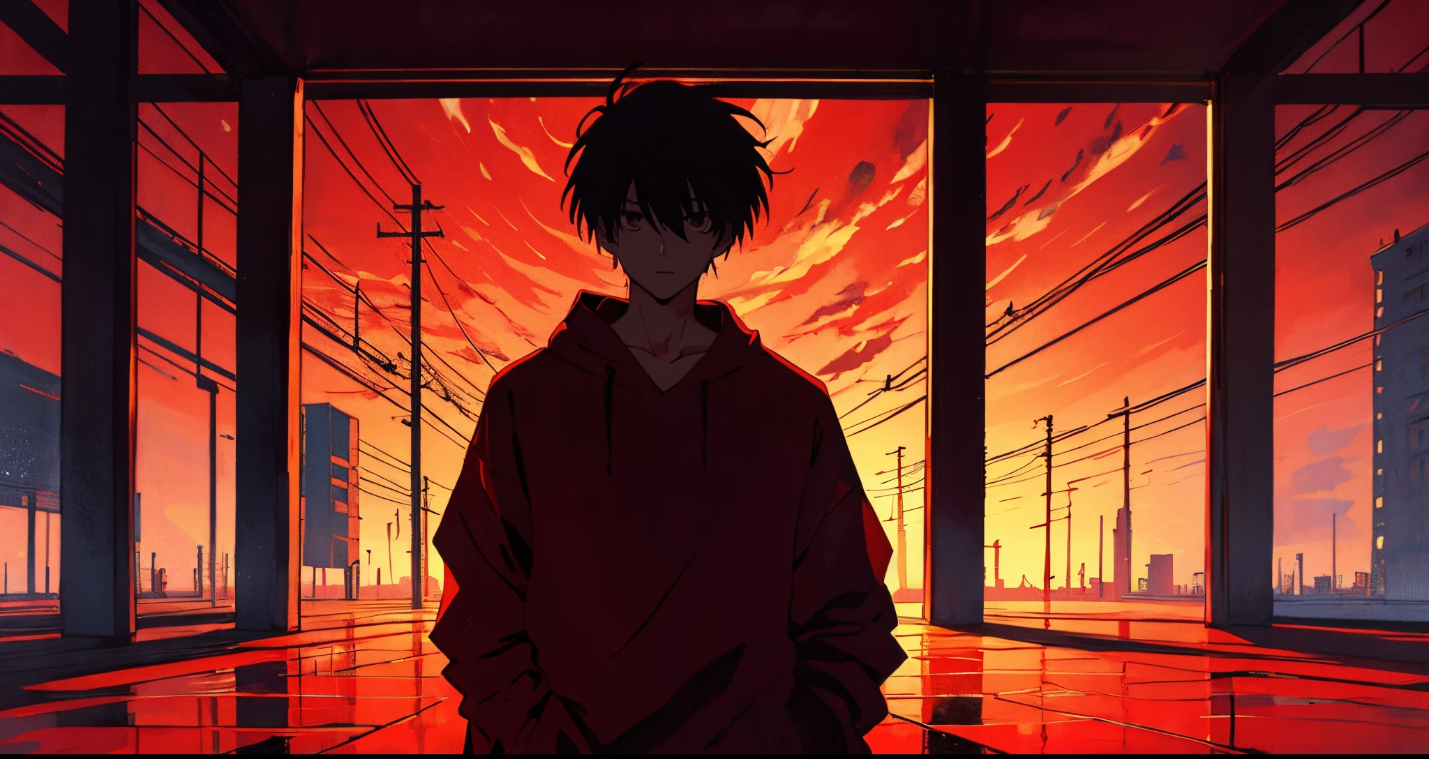 illustration man cool night shadow red anime red sky red floor