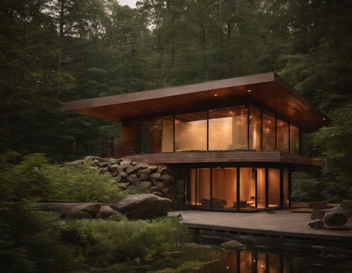 a small futuristic wooden house on a green hill, (((one store house))) (minimalism influence), ((Frank Lloyd Wright Fallingwater)),(((with large terraces))), ((natural lake)), waterfall, one-story house, big panorama windows. (((Wooden panels)))