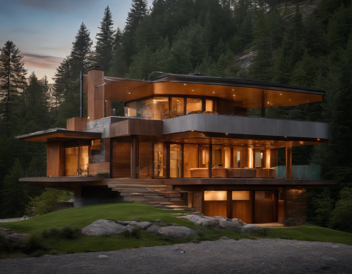 a small futuristic wooden house on a green hill, (((one store house))) (minimalism influence), ((Frank Lloyd Wright Fallingwater)),(((with large terraces))), ((natural lake)), waterfall, one-story house, big panorama windows. (((Wooden panels)))