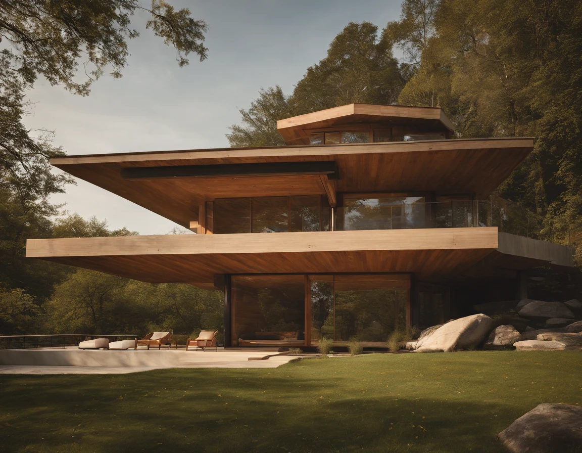 a small futuristic wooden house on a green hill, (((one store house))) (minimalism influence), ((Frank Lloyd Wright Fallingwater)),(((with large terraces))), ((natural lake)), waterfall, one-story house, big panorama windows. (((Wooden panels)))
