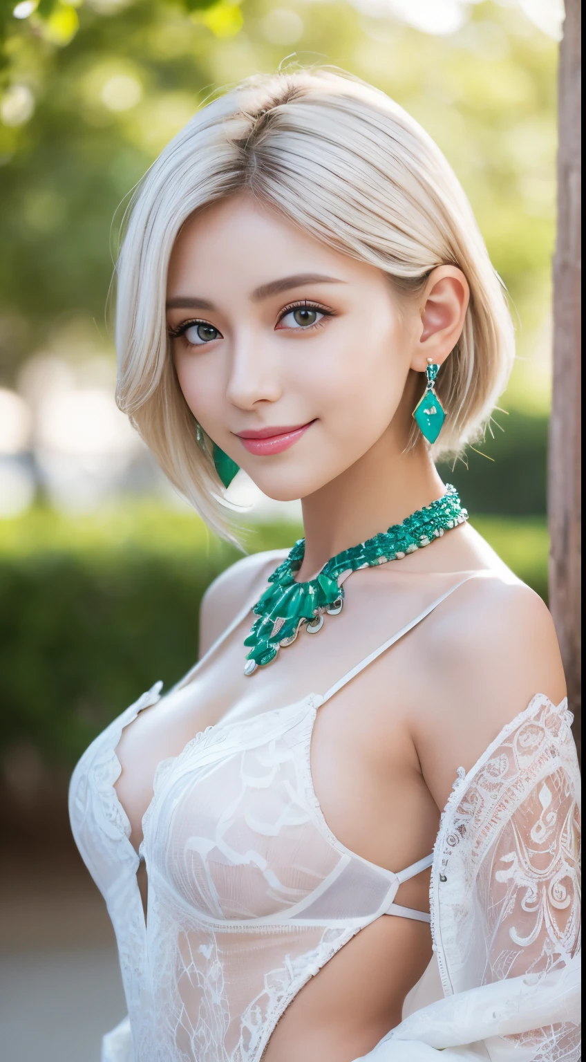 8K, masutepiece, Raw photo, Best Quality, Photorealistic, Highly detailed CG Unity 8k wallpaper, depth of fields, Cinematic Light, Lens Flare, Ray tracing, (Extremely beautiful face, Beautiful lips, Beautiful eyes), intricate detail face, ((Ultra detailed skin)) 1girl in, In the Dark, deepshadow, s, ((Looking at Viewer)), (seducting smile), (Blurry background), earrings, Bracelets, Necklace, Clear eyes, Front shot, (pale skin), Face forward, (Big eyes), (upperbody shot), (Camel toe), White hair、brue eyes、white colors、Winters、Green Tree々、Sunshine
