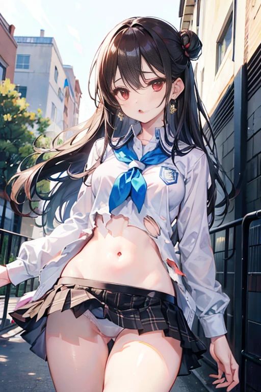 Realistic and detailed image of a girl in a school uniform with pleated plaid mini skirt. She has long wavy brown hair in a side bun. Red eyes. She has earrings, long eyelashes. she has small breasts, slim waist, very wide hips and thick thighs BREAK pain, tottering, falling, outdoor, (torn clothes:1.2), white underwear, spit water, :o, saliva, tearful eyes