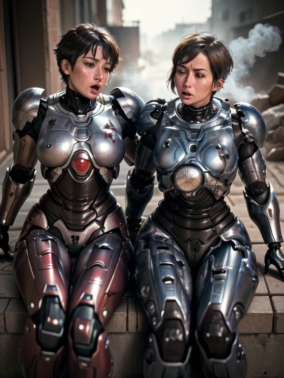 ((Two middle-aged women))Textured skin, Super Detail, high details, High quality, Best Quality, hight resolution, 1080p, , (lying back on)Beautiful,(War Machine),beautiful cyborg woman,Mecha Cyborg Girl,(Full body crimson armor)((heavily damaged armor)),A woman with a feminine mechanical body、Gentle face　A dark-haired,Fulll body Shot)、、Very sweaty face、groggy expression、laying on back、Turn your face at an angle、Opening Mouth((put out the tongue)、Smoke comes from the whole body((Deep cracks in the armor of the whole body))(short-haired　Opening legs　The  is visible