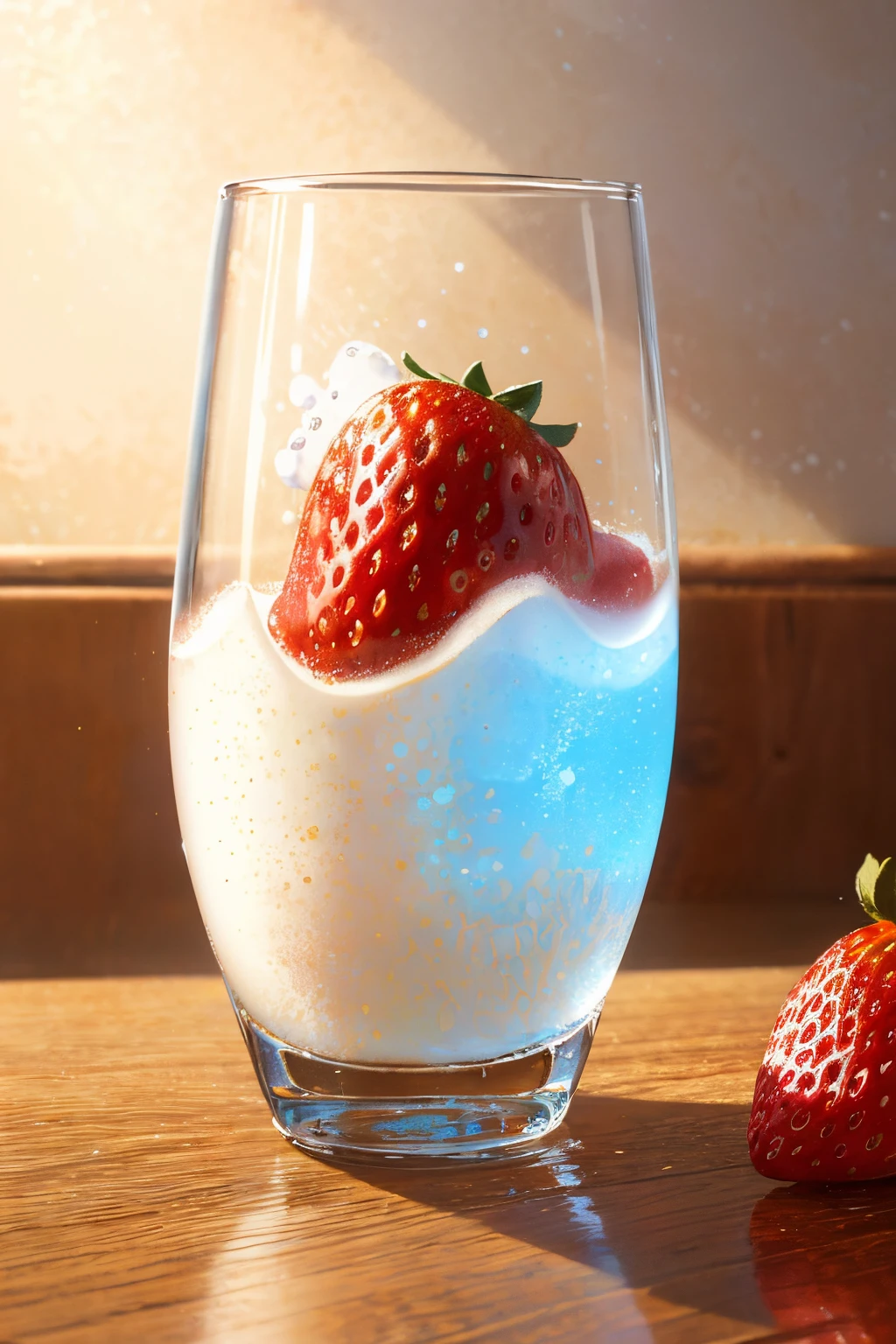 (Magical Photo:1.3) of (Realistic:1.3),(Energetic:1.3) product photography of a strawberries falling into a glass of milk, splash, intricate, epic,(by Artist RHADS:1.3),Highly Detailed,(Provia:1.3)