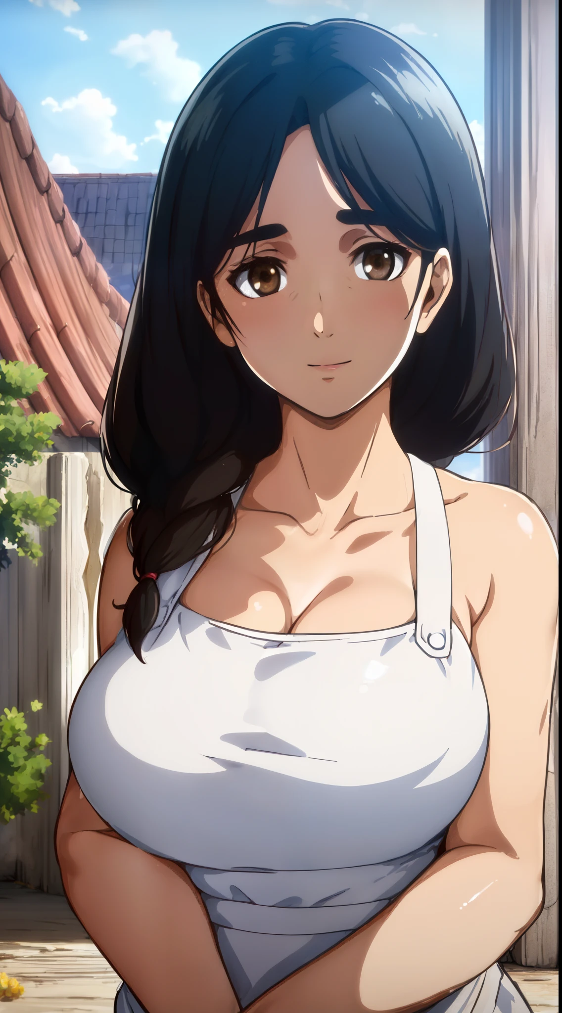 (day:1.7), a city with a lot of buildings and a sky background with clouds in the background and a blue sky, architecture,
Standing at attention, at the roof,
deep cleavage, collarbone, White apron,bare shoulders, 
black Hair,  brown eyes, Bangs, single braid, 
1 girl, 20yo,Young female,Beautiful Finger,Beautiful long legs,Beautiful body,Beautiful Nose,Beautiful character design, perfect eyes, perfect face,expressive eyes,
looking at viewer, in the center of the image,(Upper_body),(close-Up),(Focus on her face),
official art,extremely detailed CG unity 8k wallpaper, perfect lighting,Colorful, Bright_Front_face_Lighting,shiny skin, 
(masterpiece:1.0),(best_quality:1.0), ultra high res,4K,ultra-detailed,
photography, 8K, HDR, highres, absurdres:1.2, Kodak portra 400, film grain, blurry background, bokeh:1.2, lens flare, (vibrant_color:1.2)
(Beautiful,large_Breasts:1.4), (beautiful_face:1.5),(narrow_waist),