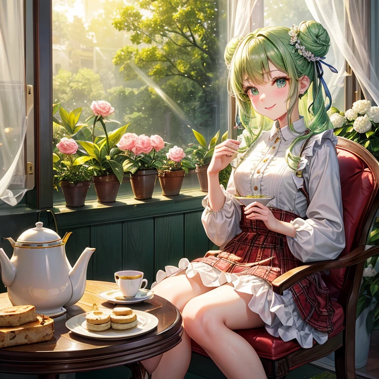 ​master piece , Best Quality，Wallpaper 8k CG, hyper quality, The best ，1girl in,Solo，Curled eyelashes，Seductive smile,
2 bun hair＆long＆perm，own hands together，
plaid skirts，
（Peplum jacket）
(from the waist down、Jacket with ruffles on the hem)，
{{masutepiece}},furniture,tea shop,tea set,cookie milk,,light green curtain,light green light,Sunlight,Lens Flare,ultra detailed beautiful light are reflect,white chair,Wood Chair,Wind ,fluttering leaf,tea party,light string peonies（Peonies），Camellia japonica（camellia），