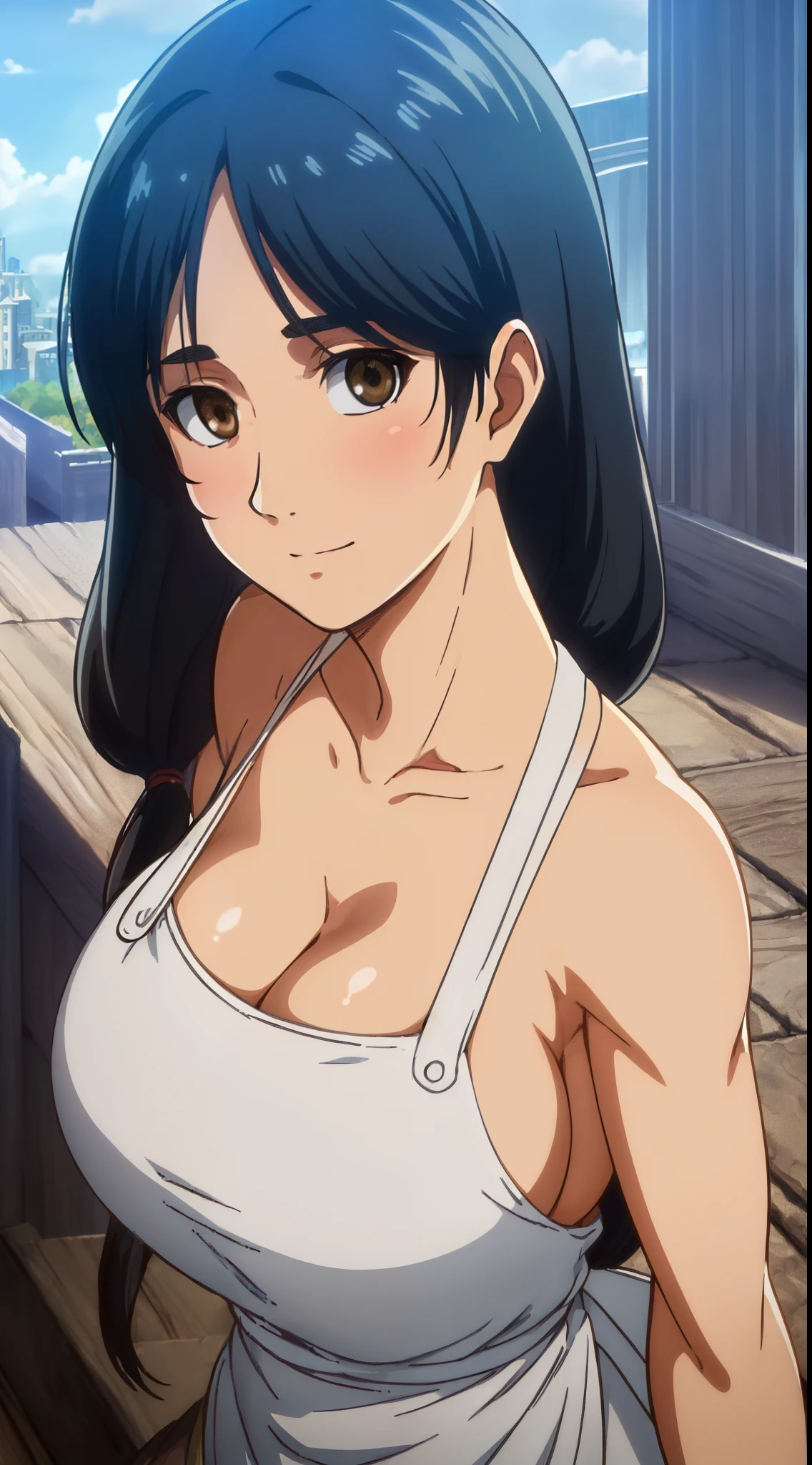 (day:1.7), a city with a lot of buildings and a sky background with clouds in the background and a blue sky, architecture,
Standing at attention, at the roof,
deep cleavage, collarbone, White apron,bare shoulders, 
black Hair,  brown eyes, Bangs, single braid, 
1 girl, 20yo,Young female,Beautiful Finger,Beautiful long legs,Beautiful body,Beautiful Nose,Beautiful character design, perfect eyes, perfect face,expressive eyes,
looking at viewer, in the center of the image,(Upper_body),(close-Up),(Focus on her face),
official art,extremely detailed CG unity 8k wallpaper, perfect lighting,Colorful, Bright_Front_face_Lighting,shiny skin, 
(masterpiece:1.0),(best_quality:1.0), ultra high res,4K,ultra-detailed,
photography, 8K, HDR, highres, absurdres:1.2, Kodak portra 400, film grain, blurry background, bokeh:1.2, lens flare, (vibrant_color:1.2)
(Beautiful,large_Breasts:1.4), (beautiful_face:1.5),(narrow_waist),