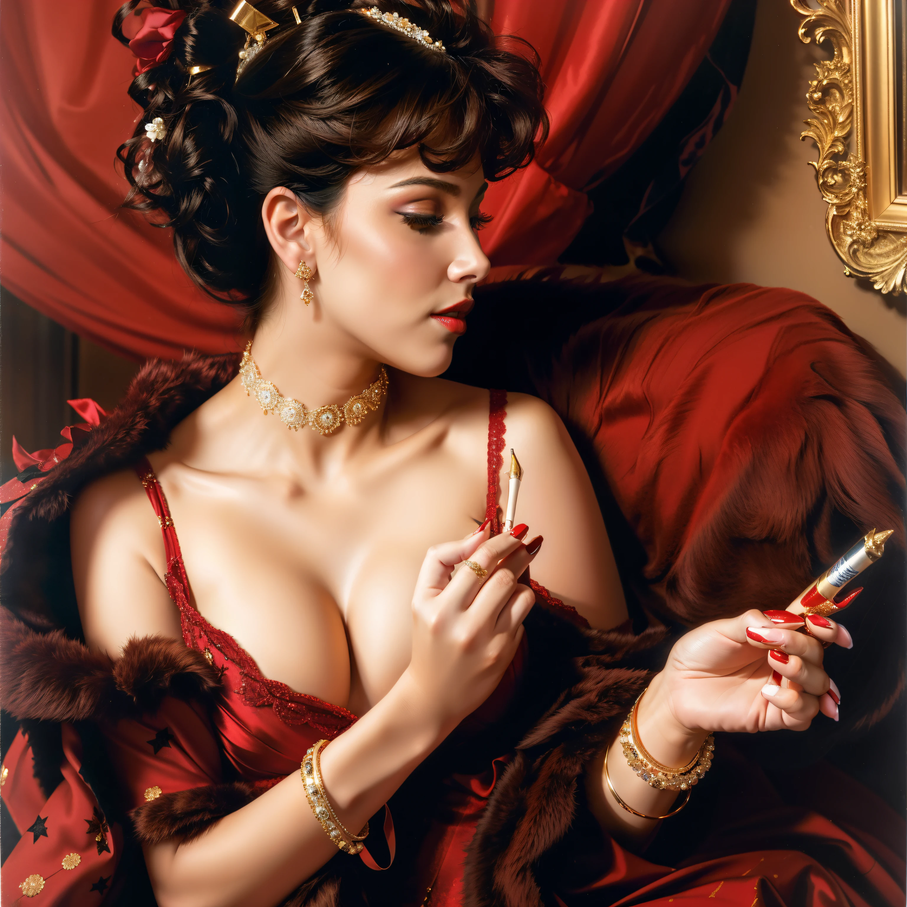 Painting of a woman in a red dress with a cigarette, ( ( konstantin razumov ) ), konstantin razumov, von Vincenzo Irolli, Andrew Atroshenko, Sinnliche Malerei, elegant oil painting, mit einem Spiegel, von Andrzej Pronaszko, Garmash, inspiriert von Raymond Leech, inspiriert von Vincenzo Irolli