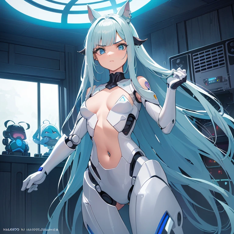 ((1 mulher ciborgue)),((Seios enormes, bare breasts, buceta nua, completely naked, piercing clitoriano azul)),((Standing, futuristic room with windows with robots)),((serious face)), ((com muito cabelo bubiano, com um casaco de cientista)),((cabelo curto com rabo de cavalo curto no lado esquerdo, um rabo de cavalo curto no lado direito, olhos amarelos brilhantes)),((de frente para o espectador, segurando um tablet) ),((parado em uma sala futurista)),