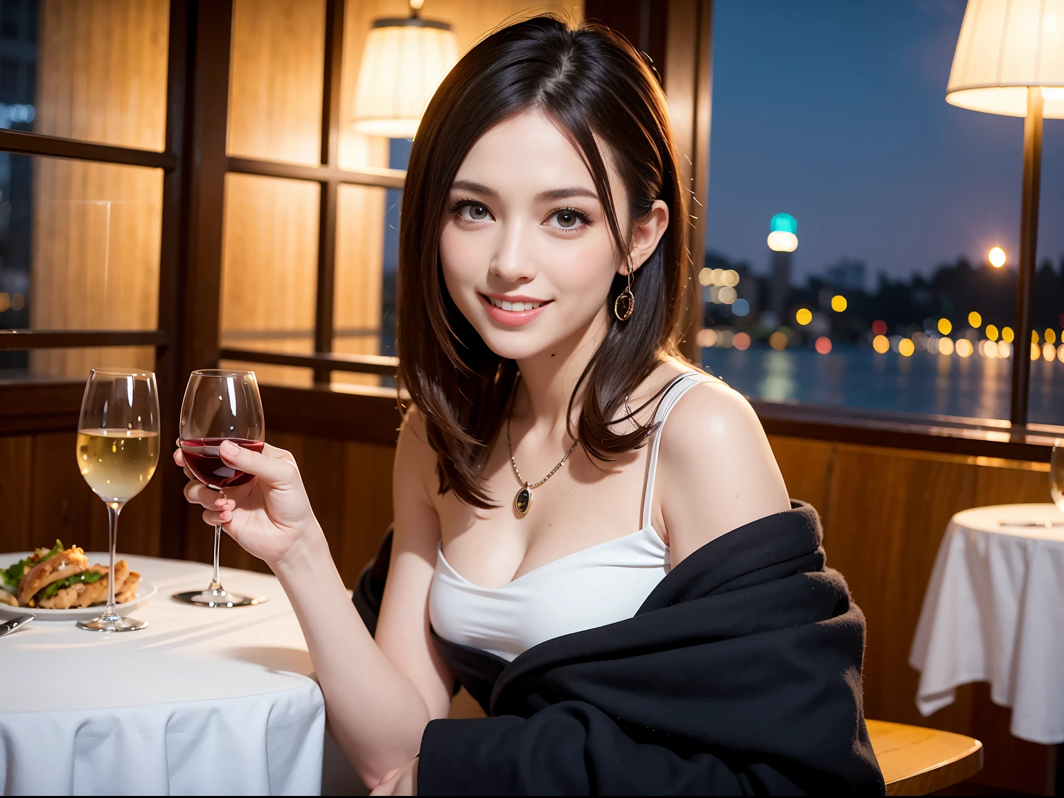 (64K, UHD, top quality, masterpiece: 1.2), (realistic, photorealistic: 1.37), super detailed, pretty woman 1 person, (slim face), (slim body), (brown hair), (short cut), cheeks slightly blushing, (44 years old), 38 years old, solo, beautiful detailed urban night view outside the window, restaurant, wine glasses sit, at night, in a prominent placeNovaFrogStyle, Actress, Model, Waist Up, White Wine, Slim, Wine Glass, Super Clean Night View, Wine Glass Put in the Middle, Happy Smile, (Smile: 1.15), Beautiful Fine Eyes, Upper Body, Bust Japan Up, Night, Short, Short, Actress, Model, Waist Up, White Wine, Slim, Wine Glass, Super Clean Night View, Wine Glass Put in the Middle, Happy Smile,