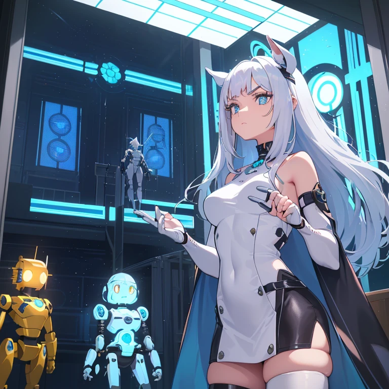 ((1 mulher ciborgue)),((Seios enormes, bare breasts, buceta nua, completely naked, piercing clitoriano azul)),((Standing, futuristic room with windows with robots)),((serious face)), ((com muito cabelo bubiano, com um casaco de cientista)),((cabelo curto com rabo de cavalo curto no lado esquerdo, um rabo de cavalo curto no lado direito, olhos amarelos brilhantes)),((de frente para o espectador, segurando um tablet) ),((parado em uma sala futurista)),