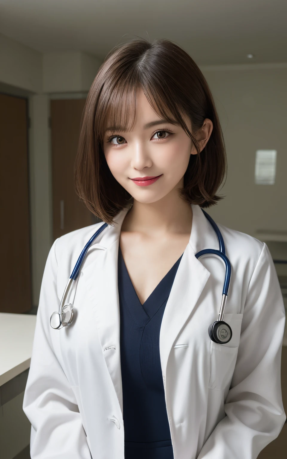 masutepiece, Best Quality, Illustration, Ultra-detailed, finely detail, hight resolution, 8K Wallpaper, Perfect dynamic composition, Beautiful detailed eyes, Doctor's attire,Bob Hair, mid-chest, Natural Color Lip, Random and sexy poses,Smile,20 years girl、Colossal tits、Examination room、stethoscope
