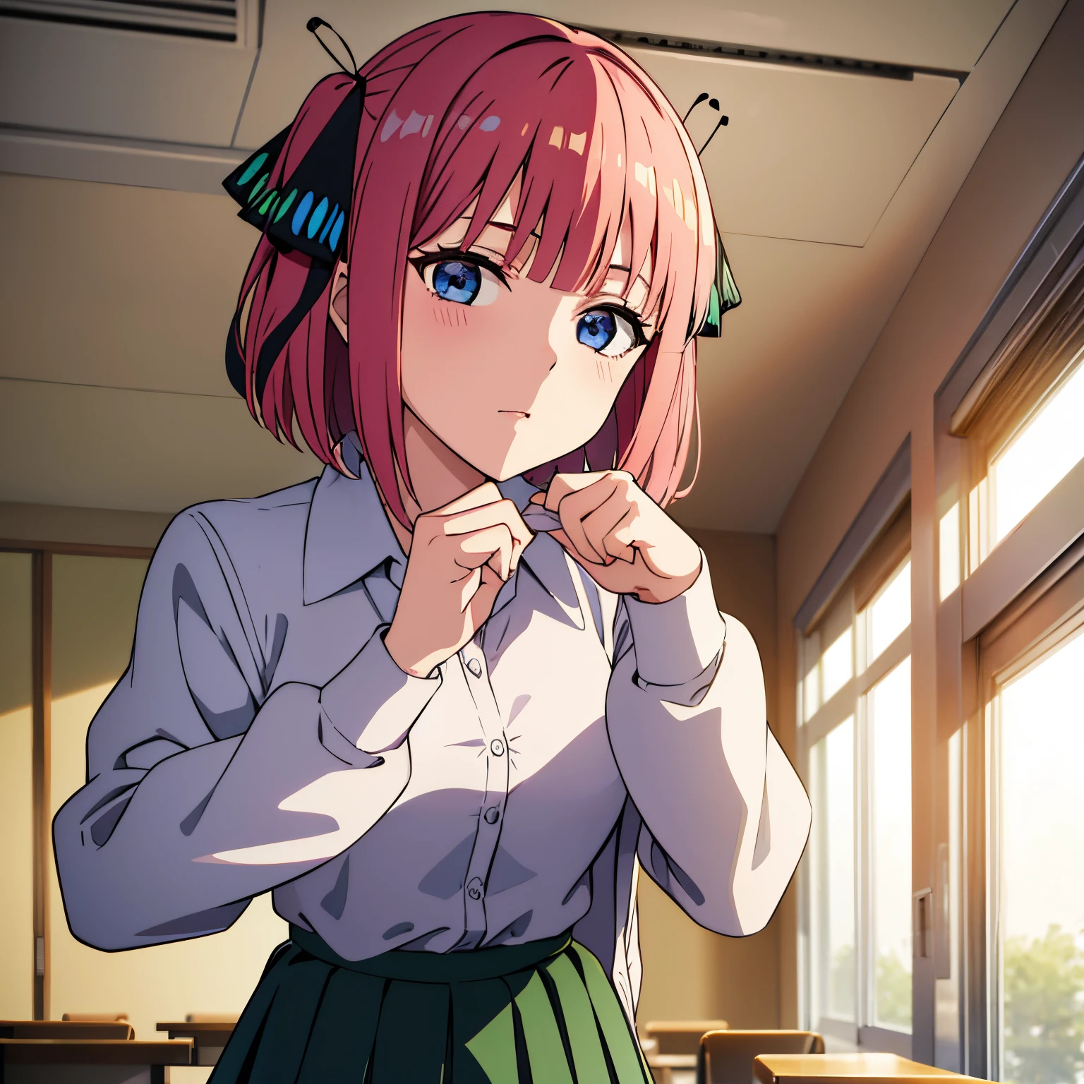 1girl,alone,, nino nakano, short hair, bangs, blue eyes, hair ornament, hair ribbon, pink hair, blunt bangs, two side up, butterfly hair ornament, BREAK skirt, shirt, long sleeves, white shirt, pleated skirt, open clothes, collared shirt, sleeves past wrists, dress shirt, cardigan, green skirt, open cardigan, black cardigan,, BREAK indoors, classroom, school, BREAK looking at viewer, BREAK , (masterpiece), best quality, high resolution, unity 8k wallpaper, extremely detailed face, perfect lighting, extremely detailed CG, (perfect hands, perfect anatomy),