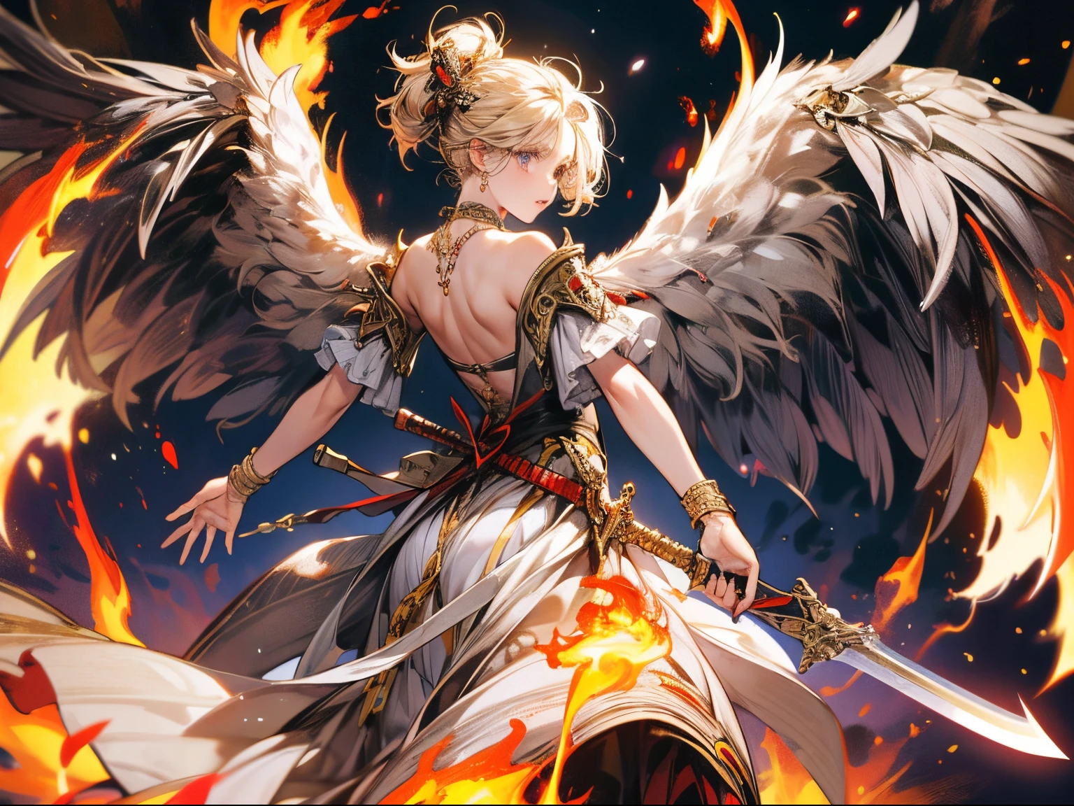 (super low angle), (fearless face), flying seraph, (Six long and wide wings on each side grow on her back), thick sword on fire, ancient ruins, impact, movement, flame, necklace on fire, battle field,