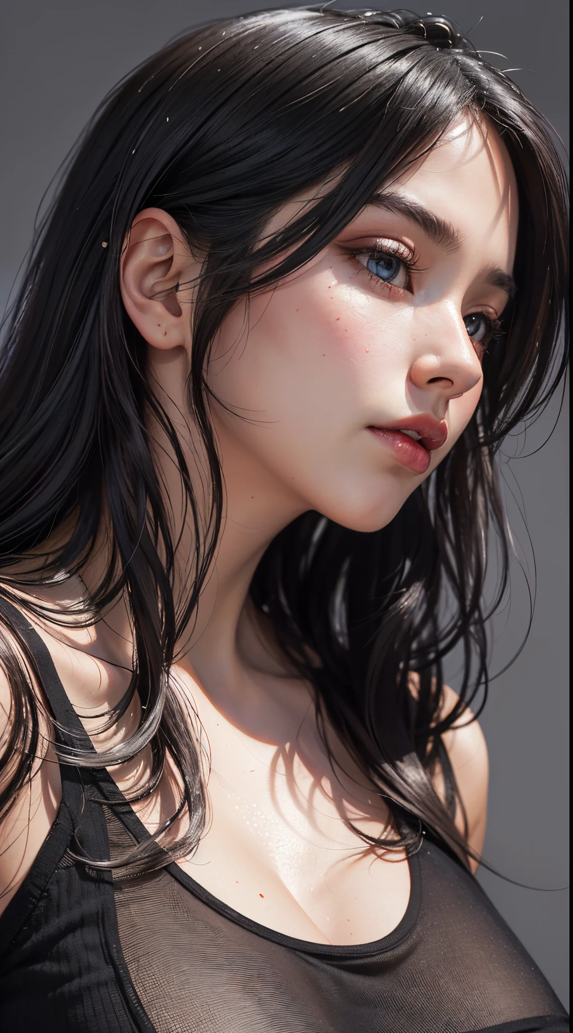 (best quality, 4k, 8k, high-res, masterpiece:1.2), ultra-detailed, (realistic, photorealistic, photo-realistic:1.37), (beautiful detailed eyes, beautiful detailed lips, extremely detailed eyes and face), studio lighting, physically-based rendering, vivid colors, (big tits, super big tits, super extra big tits, glamorous body), (black tank top:1.2), (portrait, long black straight hair, shiny hair, shiny skin), (blurred background), (tilt your head to the side:1.5), (portrait, profile:1.5),