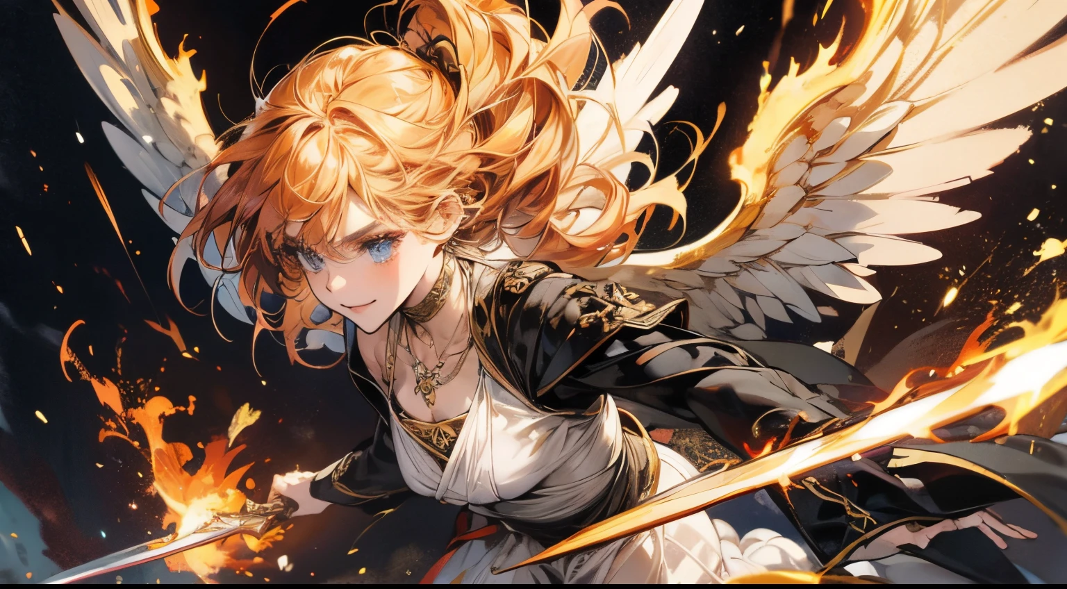(super low angle), (fearless face), flying seraph, (Six long and wide wings on each side grow on her back), thick sword on fire, ancient ruins, impact, movement, flame, necklace on fire, battle field,
