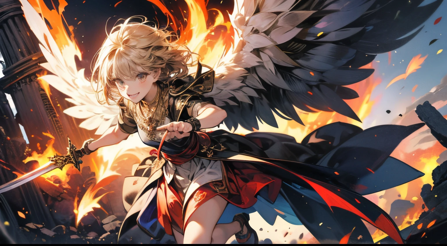 (super low angle), (fearless face), flying seraph, (Six long and wide wings on each side grow on her back), thick sword on fire, ancient ruins, impact, movement, flame, necklace on fire, battle field,