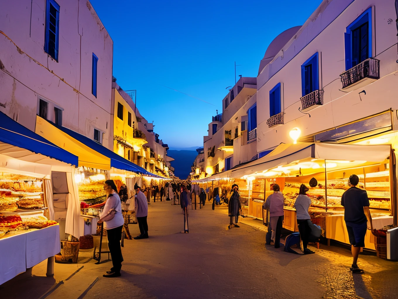 Santorini style snack street,blue and white building,blue windmill,round arch entrance,the night,Clean walls,Blue light,broad roadside,People coming and going,Many stalls selling food