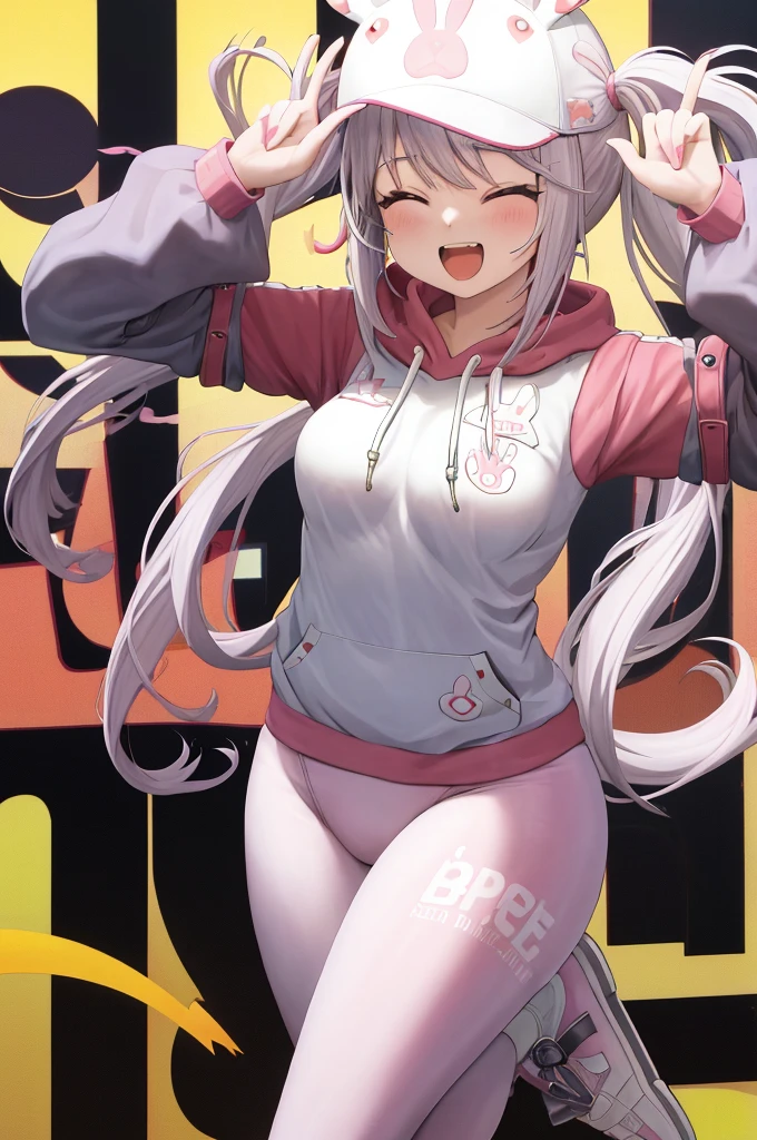 masutepiece, Best Quality, 1girl in, Solo, Standing, Cowboy Shot, :D, Open mouth, Closed eyes, nffsw, Laughing, Happy, Joy, Alice Bunny, Hoodie, hat, White leggings, Arms up, Floating Hair Ornaments, Bunny Pose, Very long hair, Twin-tailed