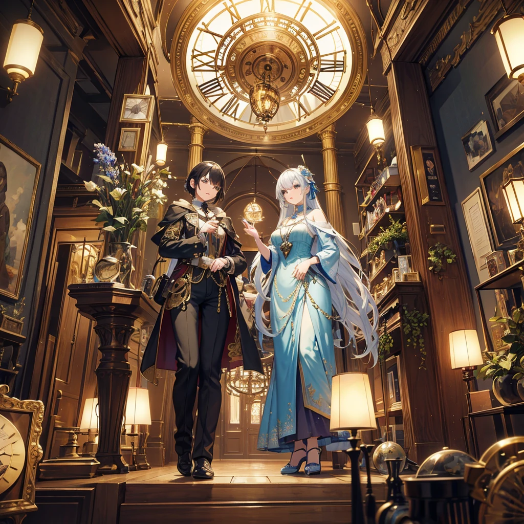 absurdres, best quality, fine detailed, 8k, no humans, Many huge colorful clocks and gears floating in a dimly lit large room, a huge clock decorated with crystal texture, gears of various sizes, clock-themed ornament, silver chain, Antique store, craft workshop, blue lampshade, jewelry box, music box, flower vases, ornamental plants, steampunk, ray tracing, refraction, cinematic lighting, fisheye lens, tyndall effect