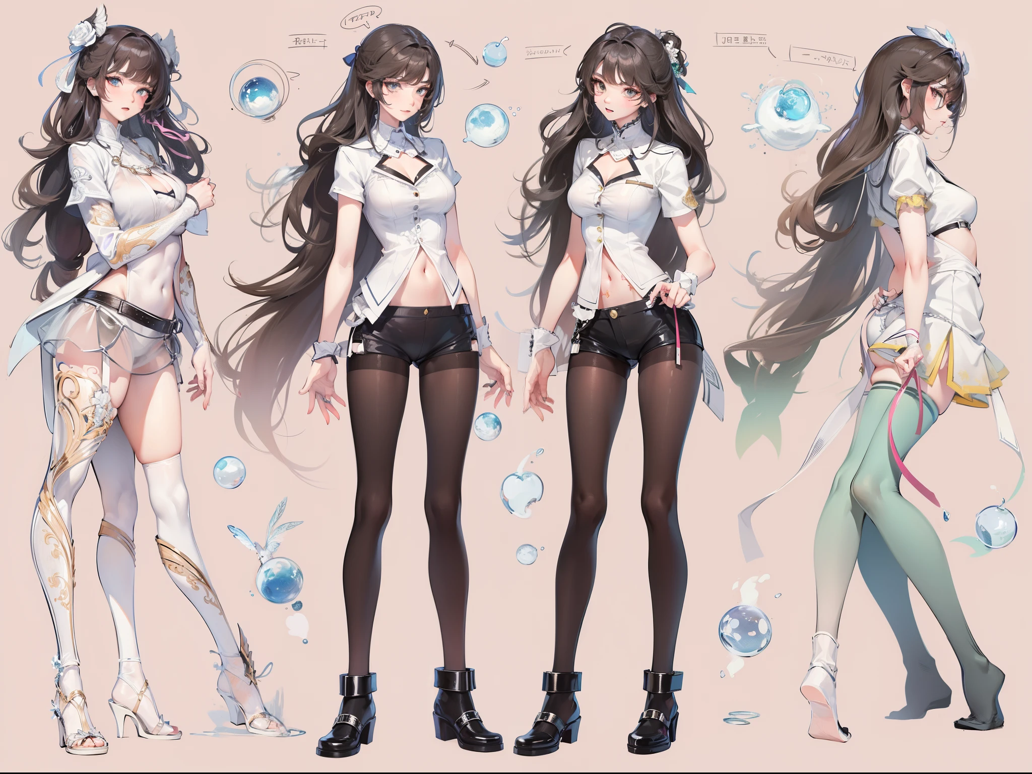 ((tmasterpiece, Best quality at best)), 详细的脸, character design sheet, Full body lesbian, be full of details, multiple postures and expressions, The is very detailed, Depth-of-fie, many parts,Full body lesbian,JK service,The lower body is wearing white stockings,Reflection of the sparkling water,Epic and beautiful character art, Amazing characters