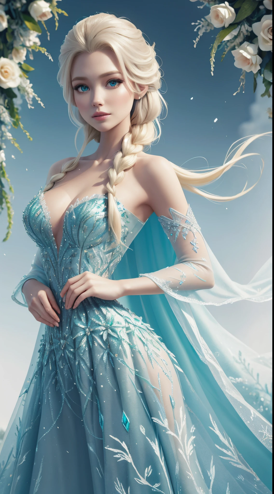 a girl with long blonde hair wearing a green dress, full body, portrait of elsa of arendelle, portrait of elsa from frozen, model elsa, background white, model feeling, frozen fever , Elsa long green dress, green dress spring flowers style dress, beautiful and hot elsa, Disney Frozen Fever Elsa. elsa frozen, elsa from frozen, beautiful elsa, disney art style, elsa, disney character style, art in the style of disney, japanese anime artist drawn, beautiful anime portrait, disney art,