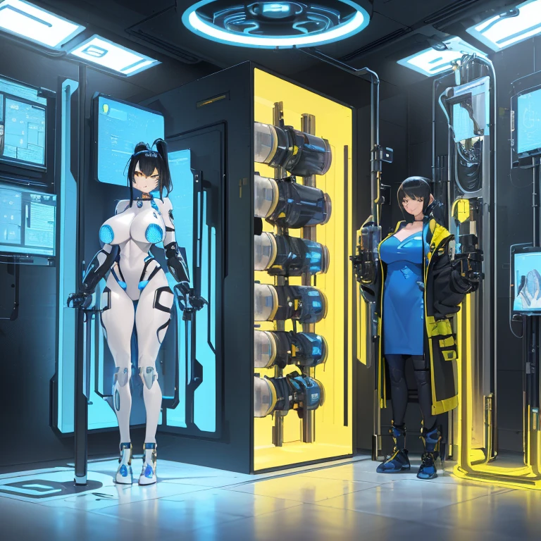 ((1 cyborg woman)),((huge breasts, naked breasts, naked pussy, completely naked, blue clitoral piercing)),((standing, futuristic room)),((serious face)),((with many Bubian hair, with scientist's coat)),((short black hair with short ponytail on the left side, bright yellow eyes)),((facing the viewer, holding a tablet)),((standing in room futuristic)),