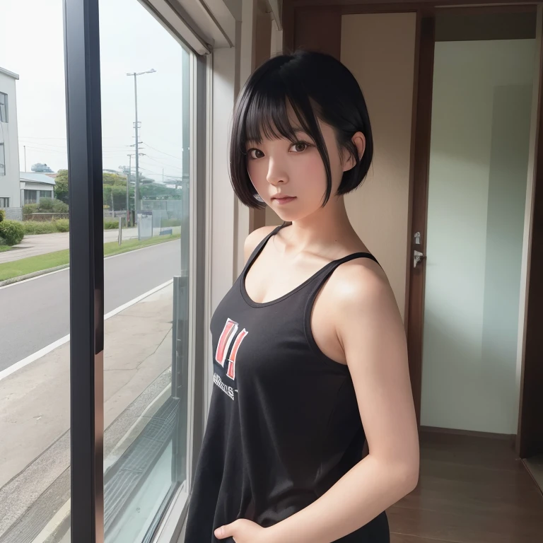 1girl in, 22year old, gradient, up looking_で_viewer, Black_hair, Solo by JM, Yoshiko Akishino, Shorthair, baseball,