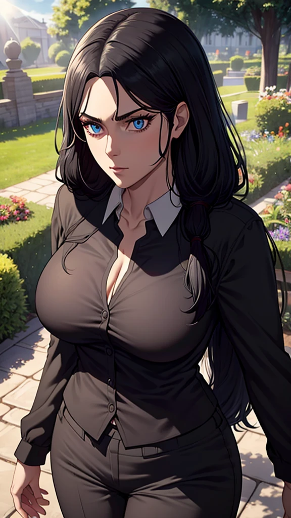 Long black hair,black colour suit and black shirt, perfect sized boobs, standing,blue colour eyes,ultra realistic detailed blue eyes, beautiful and perfect face, sunlight and garden background,