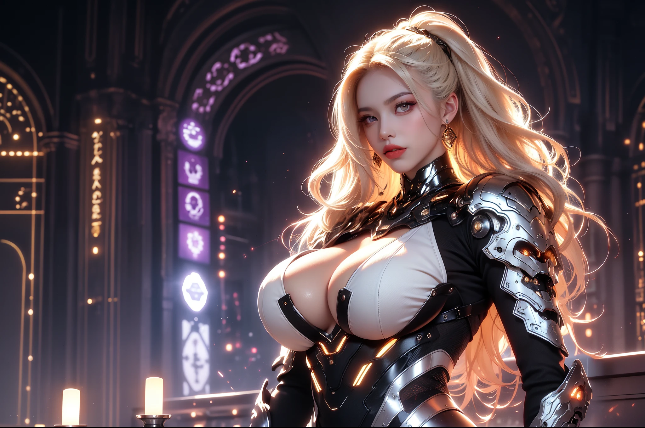 (masterpiece), best quality, expressive eyes, perfect face, beautiful details face, beautiful round eyes, full body, A beautiful mature woman in cyber armour suit shows her Extremely busty and attractive breasts, (arrogant face), (platinum red hair), (curtained hair, streaked hair, expressive hair, shiny hair, glowing hair, multicolored hair, gradient hair, colored inner hair, straight hair, very long hair), fair skin, (beautiful detailed full bodysuit:1.3), (full body cyber armour), glowing and shining armour, silver and orange cyber armour, (Edge lights:1.3), (silver and orange colour scheme:1.3), neon light on armor, beautiful details eyes, (purple eyes:1.3), (glowing eyes:1.2), (Gigantic saggy breasts:1.5), tight breasts, thick body, (well accentuated curves), pink lips, (silver nails), mascara, Long eyelashes, eyeliners, (Extremely wide well defined hips:1.3), (beautiful massive thick thighs:1.3), slender figure, (Extremely detailed skin texture:1.2), beautiful detailed realistic muscle definition, golden lights that shimmer, high detailed eyes, ultra-high quality model, proportionate, intense colouration fantasy, (background fantasy cyber city), orange and gold tetradic colours, random poses, earrings, (1girl), solo, cowboy shot , from below ,shine