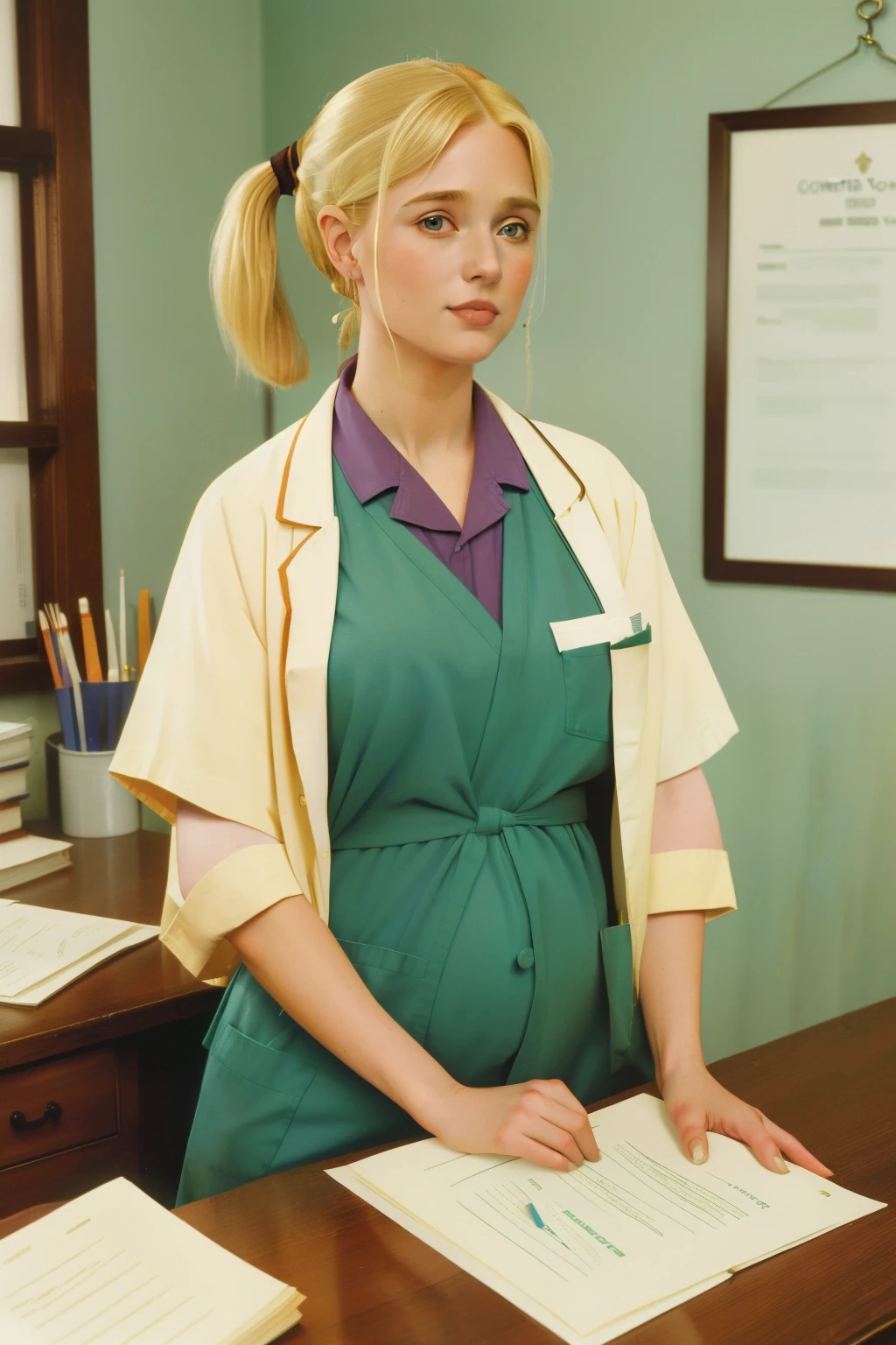 1997, Berkshire County, Massachusetts. Pre-raphaelite (((35-year-old blonde woman))), pregnant, sanitarian, happy expression, shy smile, rustic clinic, desk with documents, ((((scrubs uniform from the 1990s)))), (((blonde short hair in a ponytail))), ((Wes Anderson cinematic style)), colorful