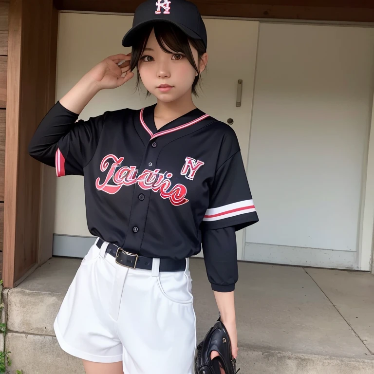1girl in, 22year old, gradient, up looking_で_viewer, Black_hair, Solo by JM, Yoshiko Akishino, Shorthair, baseball uniform, batt