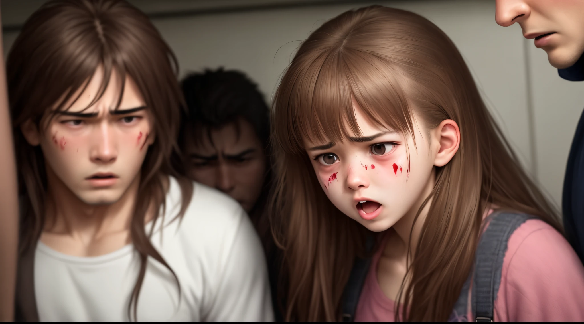 A brown-haired girl is scared after being beaten by multiple men.