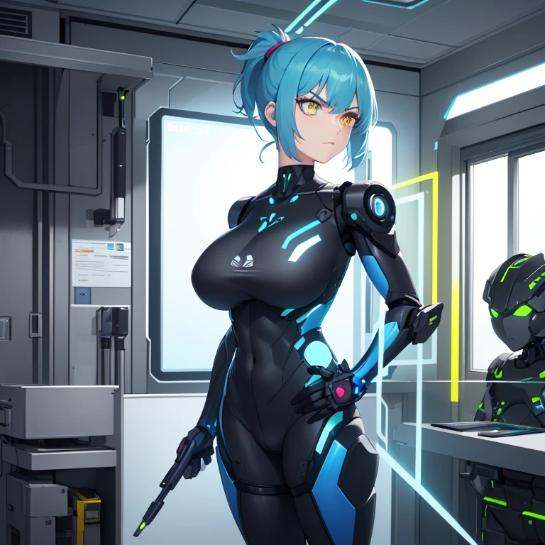 ((1 cyborg woman)),((huge breasts, naked breasts, naked pussy, completely naked, blue clitoral piercing)),((standing, futuristic room)),((serious face)),((with many Bubian hair, with a scientist's coat)),((short hair with a short ponytail on the left side, a short ponytail on the right side, bright yellow eyes)),((facing the viewer, holding a tablet) ),((standing in a futuristic room)),