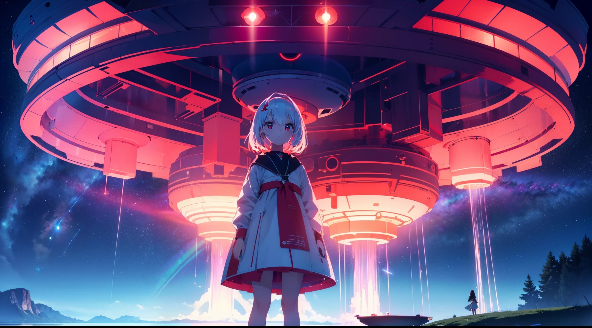 1 cute girl , standing on lake , (looking up), ((Huge UFO)), ((from below)),upper body, close to viewer, character focus , ((red lighting)), cinematic lighting, ((sci-f)) ,high resolution,(incredibly absurdres) ,extremely detailed CG unity 8k wallpaper, ((masterpiece)), ((top-quality)), (beautiful illustration), ((an extremely delicate and beautiful))